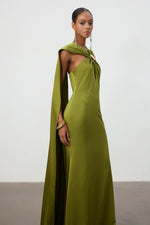 Load image into Gallery viewer, Olive Green Satin Cape Column Gown