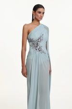 Load image into Gallery viewer, Kaylee Elegant Flowy One Shoulder Sequin Embroidered Ruched Mesh Maxi Dress