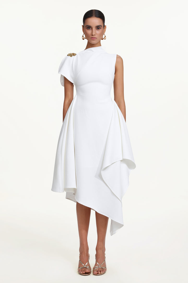 Weren Elegant Contour High Neck Asymmetric Maxi Dress