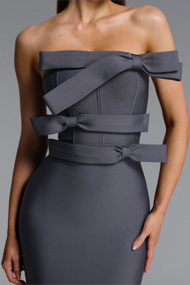 The Celestine Noir Contour Strapless Bow Silhouette Maxi Dress