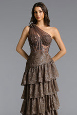Load image into Gallery viewer, Hedar Romantic Tailored One Shoulder Cut Out Ruffle Embellished Sequin Maxi Dress