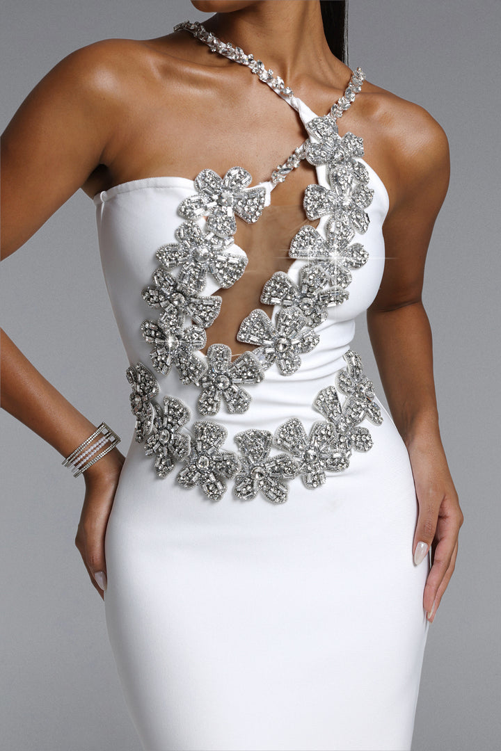 Veronic Glamorous Contour Halter Cut Out Rhinestone Floral Bandage Maxi Dress	