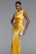 Load image into Gallery viewer, Marcella Chic Contour Asymmetrical Pleated Satin Maxi Dress