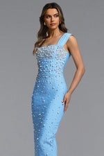 Load image into Gallery viewer, Vafa Glamorous Contour Square Neck Pearl Rhinestone Bandage Maxi Dress