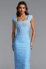 Load image into Gallery viewer, Vafa Glamorous Contour Square Neck Pearl Rhinestone Bandage Maxi Dress