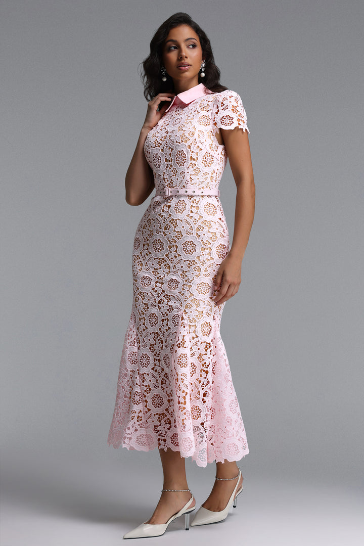 Felix Elegant Cinched Short Sleeve Floral Lace Maxi Dress