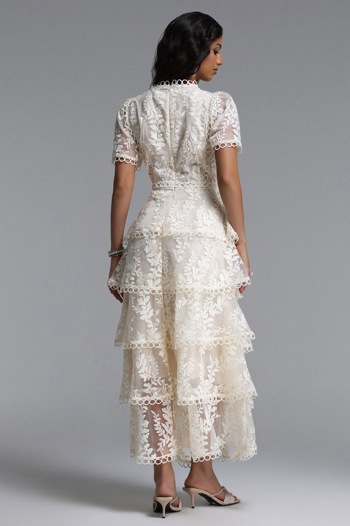 Yedda Resort Flowy Round Neck Short Sleeve Floral Embroidered Woven Maxi Dress