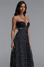 Load image into Gallery viewer, Loka Resort Flowy Sleeveless Cut Out Pleated Polka Dot Woven Maxi Dress