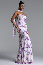 Load image into Gallery viewer, Olivia Romantic Contour Strapless Scarf Ruched Floral Print Mesh Maxi Dress