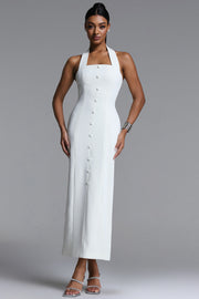 Fredrika Elegant Tailored Halter Buttoned Woven Maxi Dress	