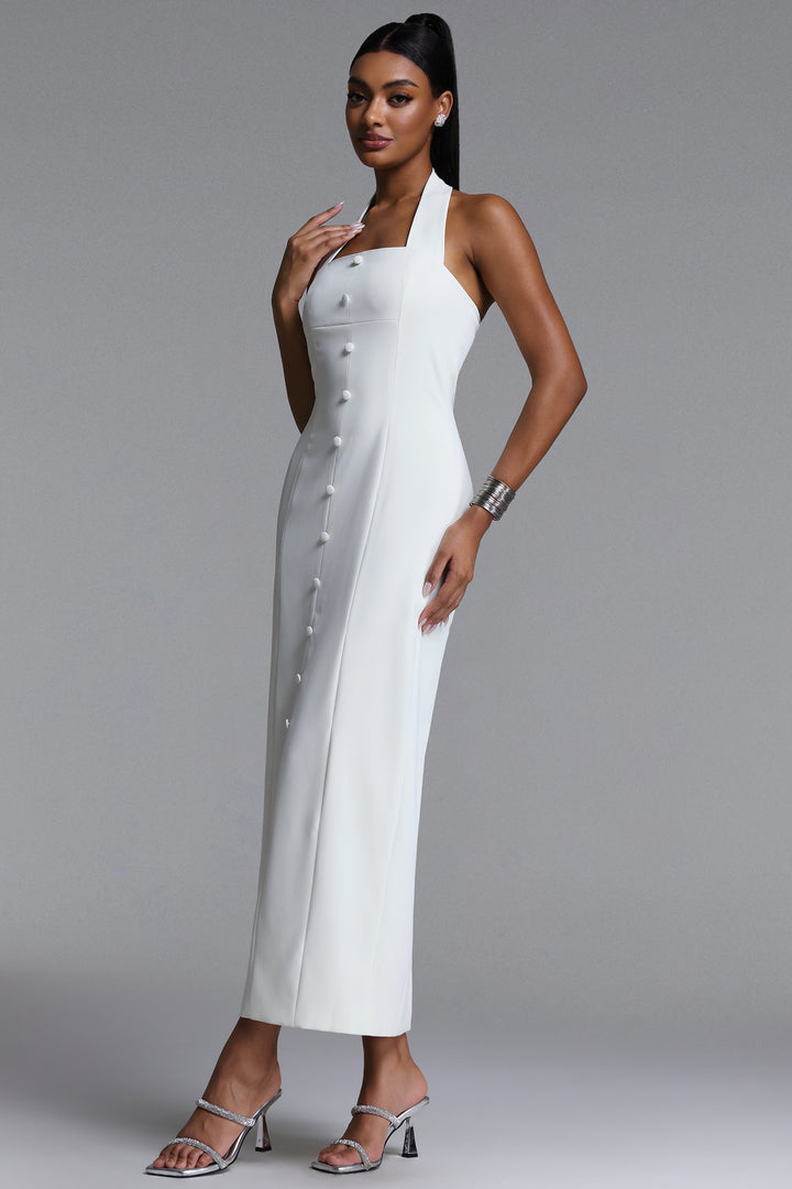 Fredrika Elegant Tailored Halter Buttoned Woven Maxi Dress	