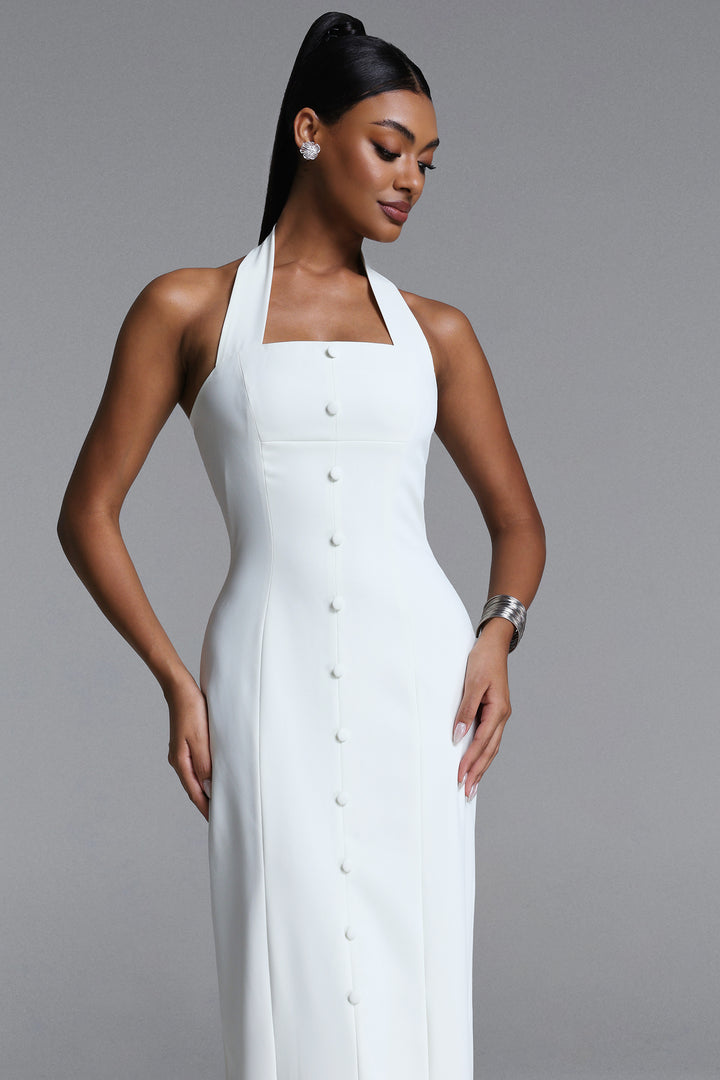 Fredrika Elegant Tailored Halter Buttoned Woven Maxi Dress	