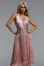 Load image into Gallery viewer, Taye Classic Contour Halter Fringe Bandage Pink Maxi Dress	