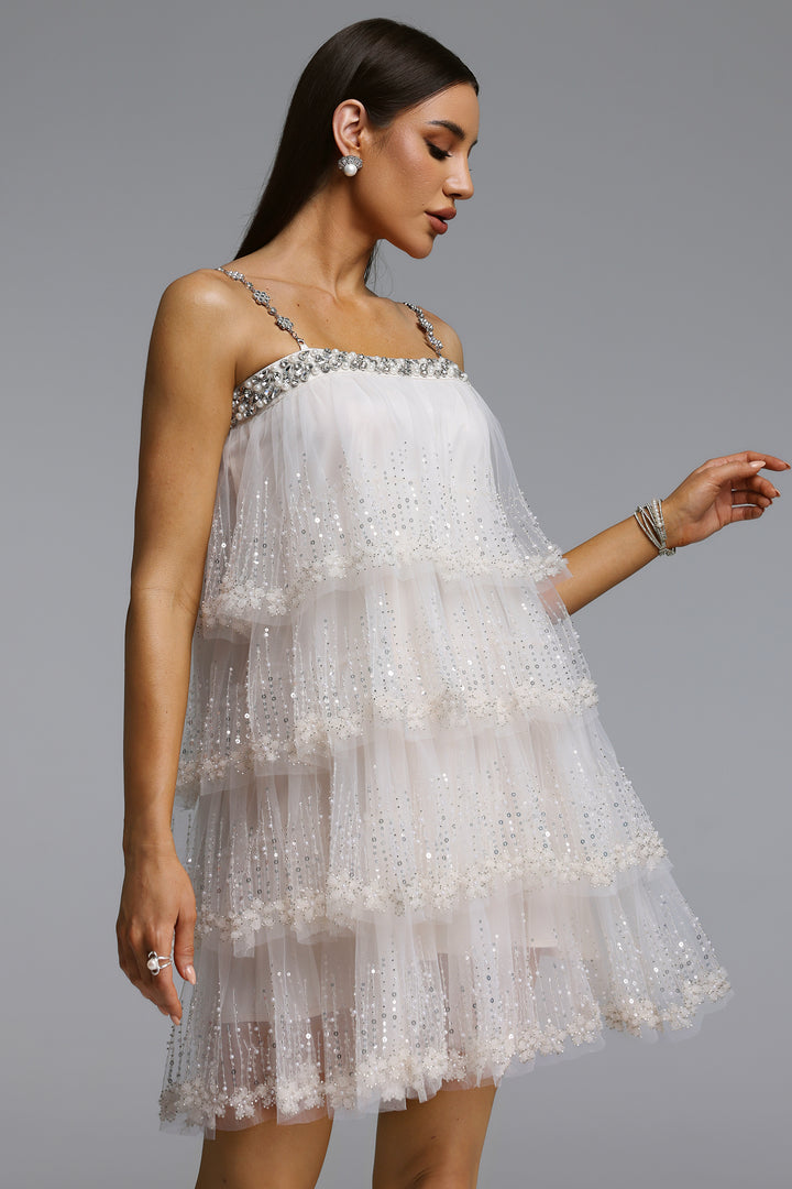 Umeko Elegant Flowy Tiered Ruffle Sequin Mini Dress