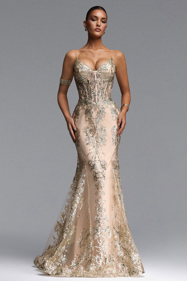 Miriam Elegant Contour V Neck Sequin Maxi Dress