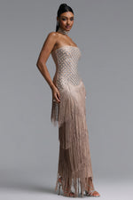 Load image into Gallery viewer, Nikki Elegant Contour Strapless Rhinestone Fringe Midi Dress
