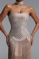 Load image into Gallery viewer, Nikki Elegant Contour Strapless Rhinestone Fringe Midi Dress