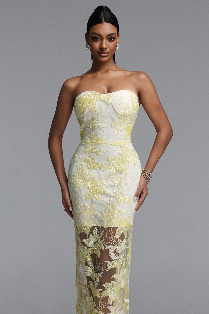 Livana Elegant Youthful Strapless Floral Embroidery Sheer Mermaid Maxi Dress	