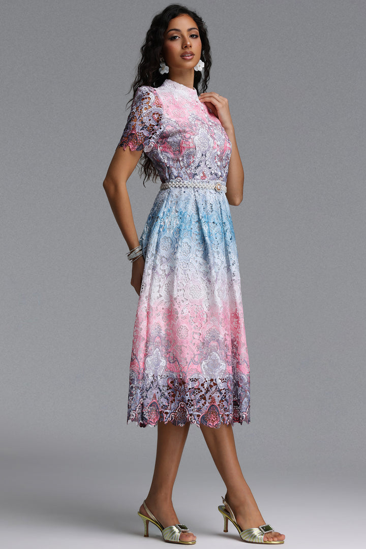 Weiss Resort Cinched Short Sleeve Floral Print Lace Midi Dress