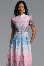 Load image into Gallery viewer, Weiss Resort Cinched Short Sleeve Floral Print Lace Midi Dress