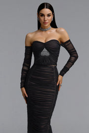 Unica Slim Fit Off Shoulder Long Sleeve Mesh Heart Rhinestone Ruched Bandage Top and Skirt Set	