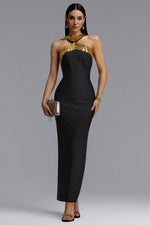 Load image into Gallery viewer, Riza Chic Contour Halter Rhinestone Bandage Gold Maxi Dress