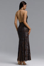 Load image into Gallery viewer, Yuhie Luxurious Contour Halter Open Back Floral Sequin Midi Dress	