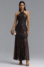 Load image into Gallery viewer, Yuhie Luxurious Contour Halter Open Back Floral Sequin Midi Dress	