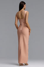 Load image into Gallery viewer, Shea Elegant Contour Square Neck Floral Pearl Bandage Beige Maxi Dress	