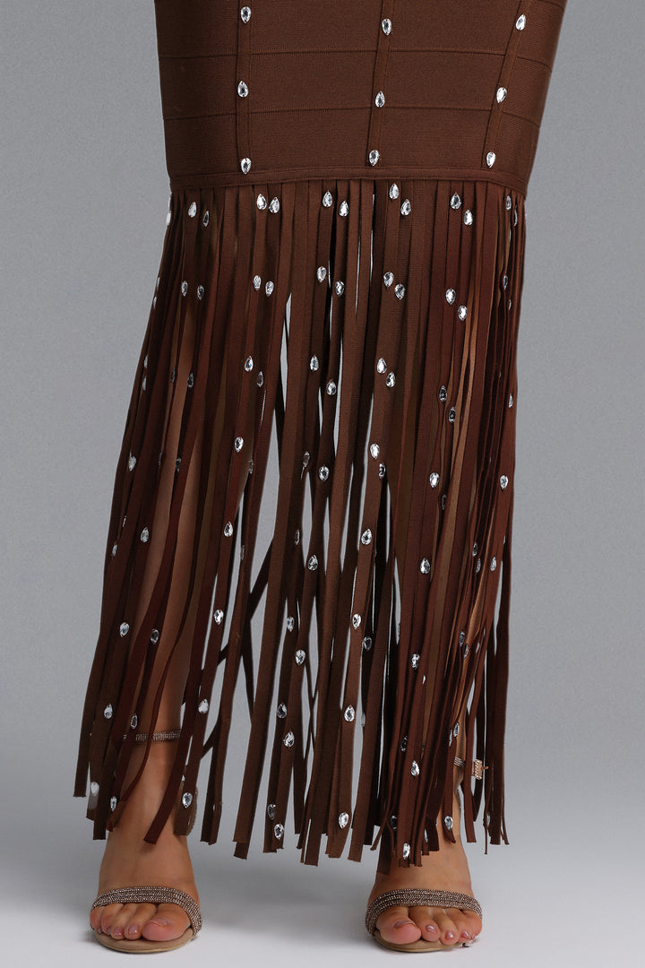 Leah Sleeveless Diamond Tassel Bandage Brown Maxi Dress	