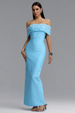 Load image into Gallery viewer, Isme Elegant Contour Off Shoulder Pearl Rhinestone Bandage Blue Maxi Dress	