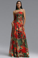 Load image into Gallery viewer, Roxany Vintage Contour Halter Strapless Scarf Fluid Oil Paint Maxi Dress	