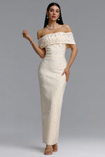 Load image into Gallery viewer, Isme Elegant Contour Off Shoulder Pearl Rhinestone Bandage Light Beige Maxi Dress	
