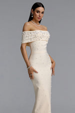 Load image into Gallery viewer, Isme Elegant Contour Off Shoulder Pearl Rhinestone Bandage Light Beige Maxi Dress	
