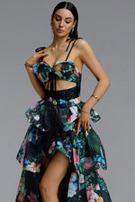 Load image into Gallery viewer, Pale Chic Flowy Halter Cut Out Floral Print Ruffle Green Maxi Dress	