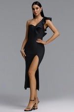 Load image into Gallery viewer, Winnie Minimal Contour One Shoulder Ruffle High Slit Bandage Midi Dress