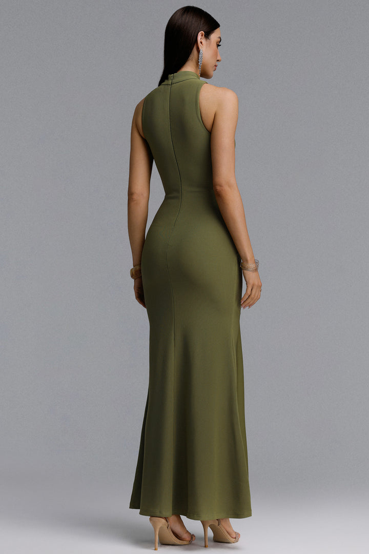 Sukia Chic Form-Fitting High Neck Cutout Draped Tie Sleeveless Mermaid Maxi Dress	