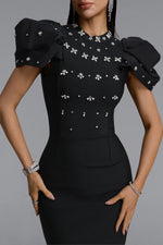 Load image into Gallery viewer, Vazada Elegant Contour High Neck Bow Puff Sleeve Bandage Black Maxi Dress	