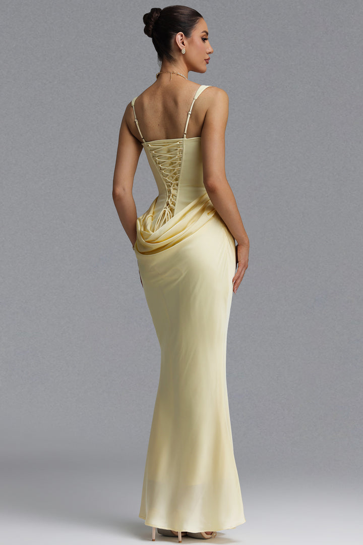 Winey Elegant Waist-Cinching Square Neck Thin Strap Boned Fitted Draped Ruched Satin Mermaid Maxi Evening Dress