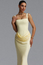 Load image into Gallery viewer, Winey Elegant Waist-Cinching Square Neck Thin Strap Boned Fitted Draped Ruched Satin Mermaid Maxi Evening Dress