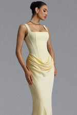 Load image into Gallery viewer, Winey Elegant Waist-Cinching Square Neck Thin Strap Boned Fitted Draped Ruched Satin Mermaid Maxi Evening Dress