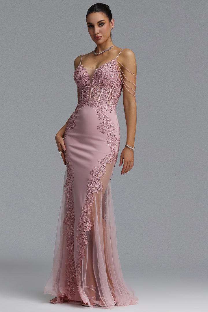 Encho Elegant Waist-Cinching Thin Strap V-Neck Off-Shoulder Tassel Lace Floral Mesh Bodycon Mermaid Maxi Evening Dress