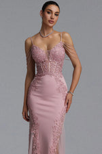 Load image into Gallery viewer, Encho Elegant Waist-Cinching Thin Strap V-Neck Off-Shoulder Tassel Lace Floral Mesh Bodycon Mermaid Maxi Evening Dress