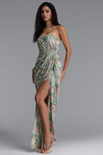 Load image into Gallery viewer, Vinly Romantic Contour Strapless High Slit Ruched Floral Print Mesh Maxi Dress