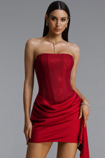 Load image into Gallery viewer, Janiyah Vintage Contour Strapless Crystal Ruched Sash Red Mini Dress