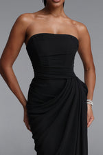Load image into Gallery viewer, Tazeda Elegant Contour Strapless Ruched Mesh Black Maxi Dress