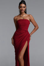 Load image into Gallery viewer, Tazeda Elegant Contour Strapless Ruched Mesh Red Maxi Dress