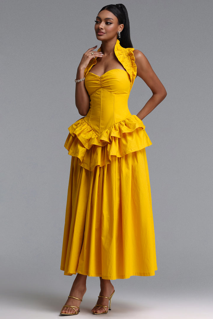 Shea Elegant Waist-Cinched Halter Neck Ruffled Maxi Dress