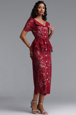 Load image into Gallery viewer, Quinn Elegant Cinched Short Sleeve Floral Lace Red Maxi Dress