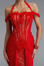 Load image into Gallery viewer, Fredrika Sexy Halter Off Shoulder Ruffle Lace Maxi Dress